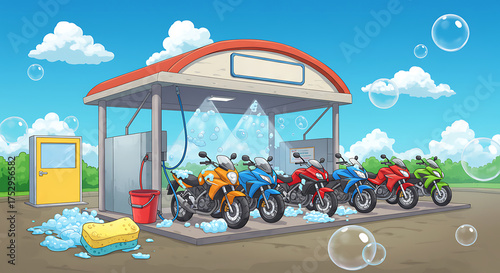 Motorcycles at a Wash Station Cartoon Illustration