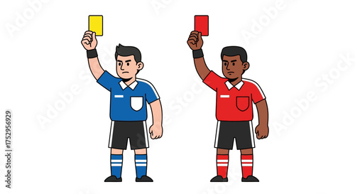 Football referee showing yellow and red cards for fouls and penalties during a match