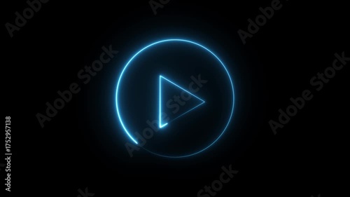 glowing Neon shine play button icon sign with neon circle animation. neon media player button. Neon glowing play button icon on a black background