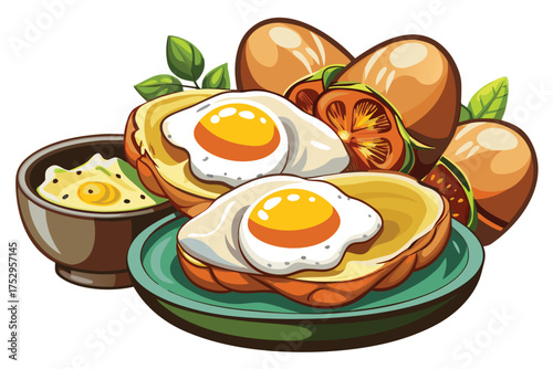 Two fried eggs sit atop golden toast with sliced tomato on a teal plate