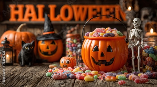 Halloween candy display with pumpkins and skeleton