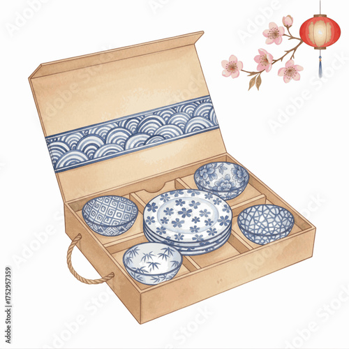 Jade and Ink Oriental Dinnerware Gift Set isolated watercolor vector illustration svg