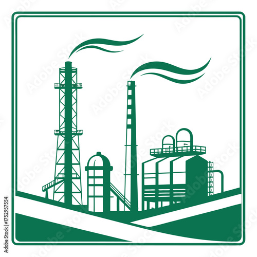 Minimal Flat Oil Refinery with Smoke Stacks in Gradient Green for Petroleum Branding – Vector Illustration
