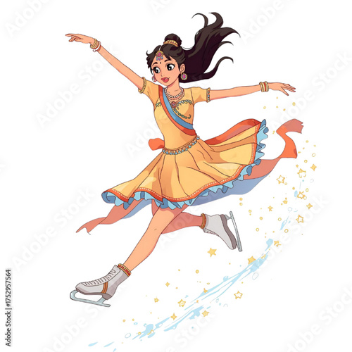 Anime Girl Ice Skating in Colorful Dress, Graceful Figure Skater with Sparkles, Dynamic Motion Pose
