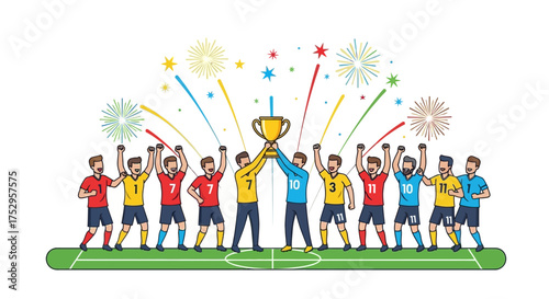 Victory celebration with a trophy and fireworks, a team of athletes raising their award