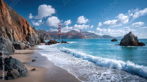 Golden Gate Bridge View from Marshall's Beach on Sunny Day, San Francisco