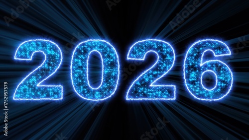 2026 glowing neon technology text. Computer generated 3d render