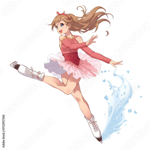 Anime Girl Ice Skating in Colorful Dress, Graceful Figure Skater with Sparkles, Dynamic Motion Pose