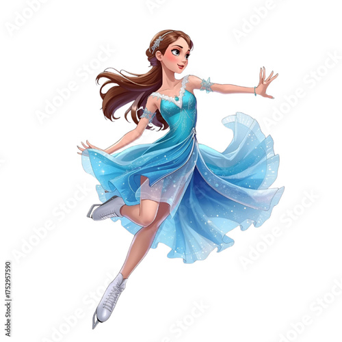 Anime Girl Ice Skating in Colorful Dress, Graceful Figure Skater with Sparkles, Dynamic Motion Pose