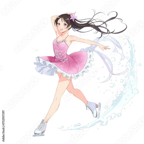 Anime Girl Ice Skating in Colorful Dress, Graceful Figure Skater with Sparkles, Dynamic Motion Pose