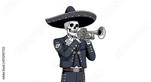 Vibrant Skeleton Mariachi Musician Creates Joyful Rhythms with a Trumpet, Blending Festive Sounds for Cultural Celebrations and Lively Events