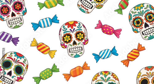 Seamless pattern of colorful sugar skulls and candy for a festive Day of the Dead celebration background illustration