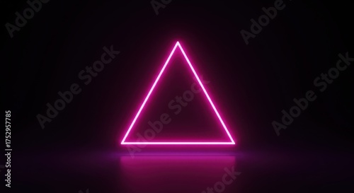 Pink neon triangle shape glows in the dark on a reflective surface.