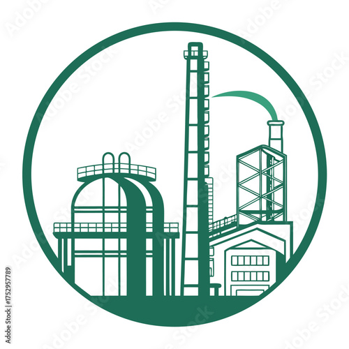 Minimal Flat Oil Refinery Circular Icon with Gradient Green for Energy Branding – Vector Illustration
