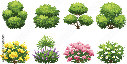 Bushes, shrubs, green foliage, ornamental plants, flowering bushes, landscaping design, garden decoration, colorful blossoms, outdoor greenery, decorative plants, nature background