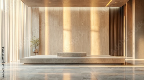 Modern Minimalist Interior Design with Natural Light and Podium.