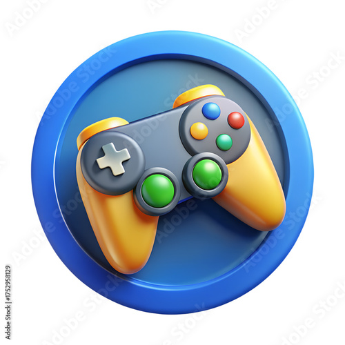 3D game controller icon with yellow handles and colorful buttons on glossy blue circular base isolated on transparent background