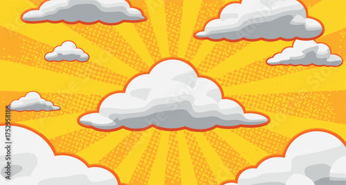 Bright, cartoon-style clouds float across a vibrant yellow sunburst background, evoking a cheerful and playful atmosphere perfect for summer or a positive outlook