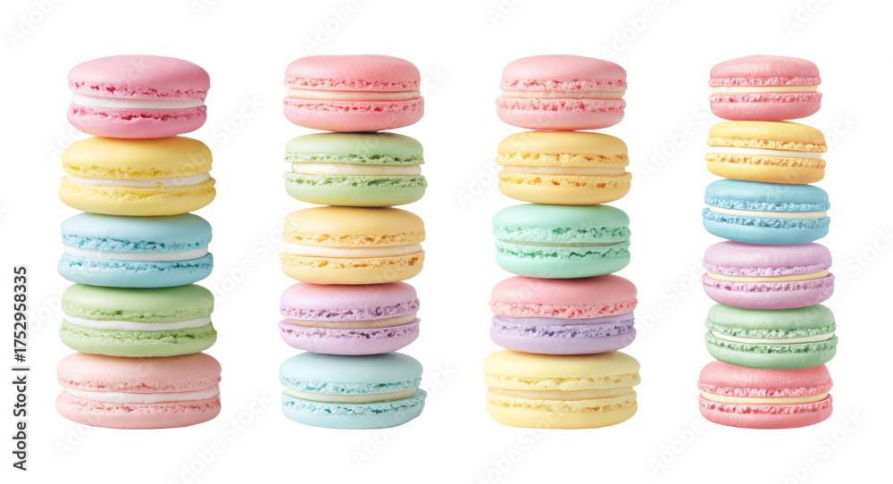 Fototapeta premium Assortment of delicious pastel macarons stacked neatly, offering a delightful and sweet visual treat, perfect for culinary or confectionery marketing PNG set with transparent background