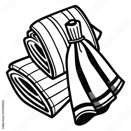 Black and white sketch of two rolled towels with a hanging washcloth is visible
