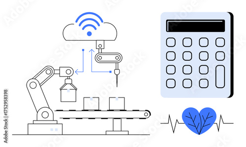 Robotic arm working on a conveyor belt under a connected cloud. Includes a calculator, heartbeat line, and heart icon. Ideal for technology, IoT, factory, automation, connectivity innovation
