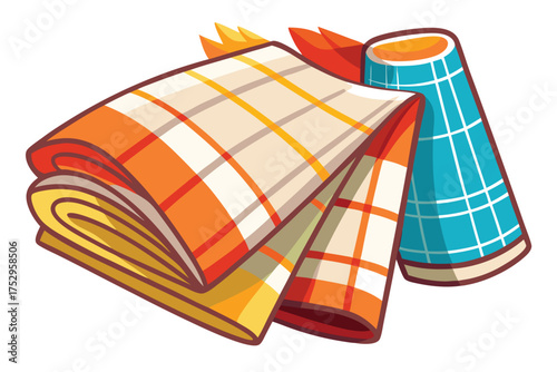 Neatly folded stack of orange plaid cloths with blue checkered napkins completes a vibrant arrangement
