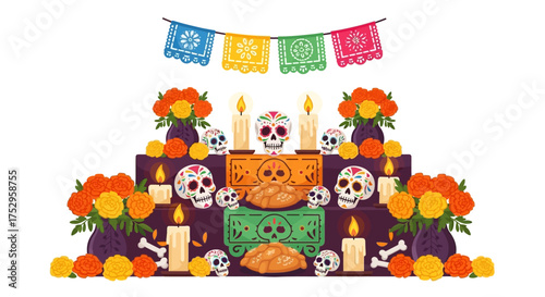 A festive vector illustration of a traditional Mexican Day of the Dead shrine with sugar skulls, marigolds, and candles