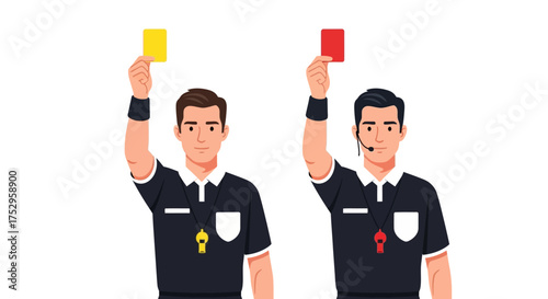Vector illustration of soccer referees showing red and yellow cards. Football official characters holding penalty cards for a foul