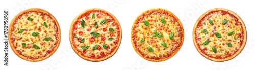 Delicious Italian pizza variations with fresh basil and cherry tomatoes, captured in a clean studio shot as a PNG set with transparent background
