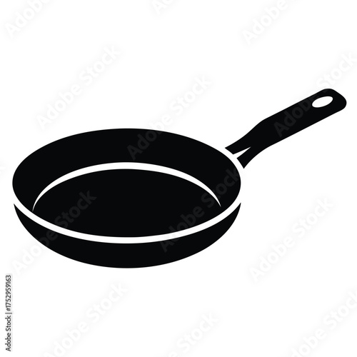 A black skillet with a long handle is shown from a side angle