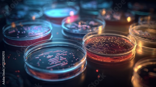 Realistic illustration of petri dishes with bacteria cultures and antibiotic discs, viewed under laboratory light, microbiology lab setting, scientific detail and precision
