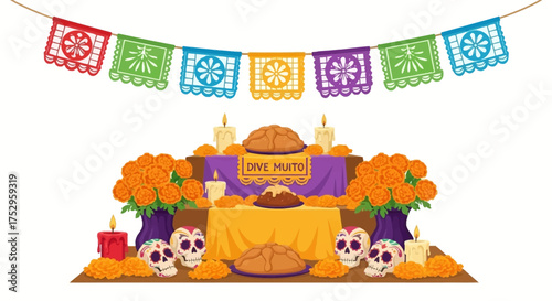 Day of the Dead Altar with Skulls and Marigolds Illustration