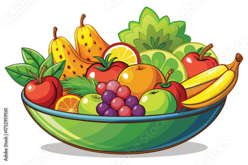 Colorful cartoon fruit in an artistic bowl sits on a plain white surface with shadow