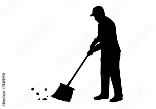 Silhouette of a man sweeping debris with a broom, wearing a cap, isolated on white.