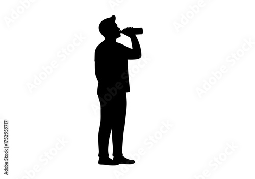 Silhouette of a man standing and drinking from a bottle, isolated on a white background.