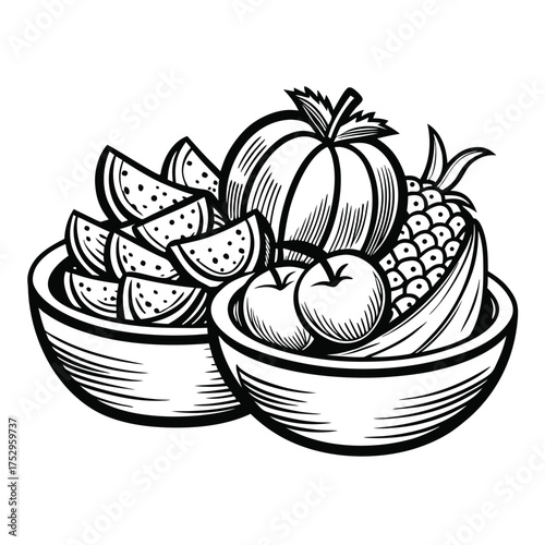 Two bowls overflow with black and white watermelons, pineapple, apples, banana, and pumpkin