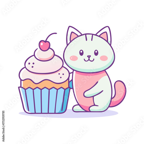 Flat Cartoon Cat Bakery Logo with Cupcake Illustration

