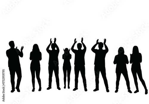 Silhouetted figures of various people clapping their hands in celebration or applause.
