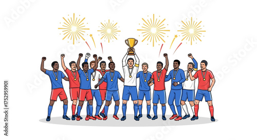 Team Celebrates Victory, Trophy Raised High Amidst Fireworks Champions' Moment