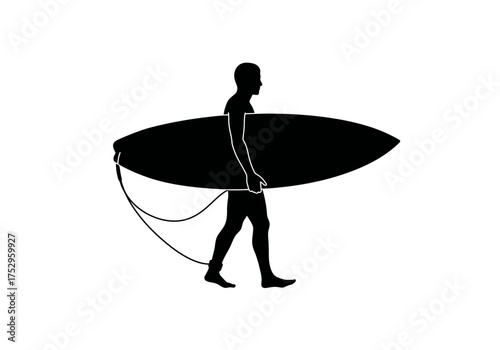 Silhouette of a man walking with a surfboard, heading towards the beach.