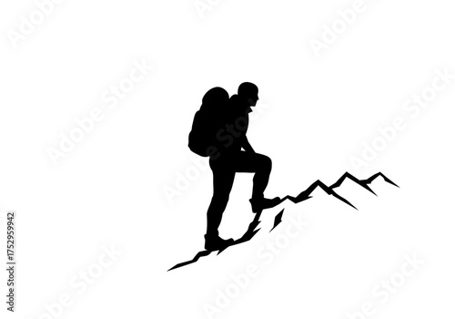 Silhouette of a hiker with a backpack climbing a jagged mountain ridge, reaching the summit.