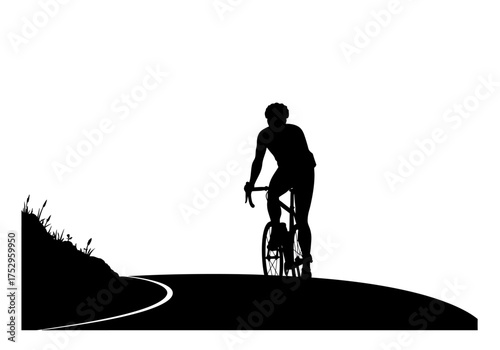 Silhouette of a cyclist riding a bicycle on a winding road, outdoors.