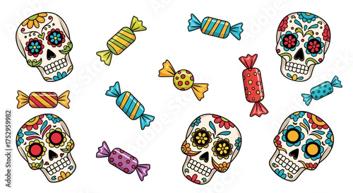 Colorful Sugar Skulls and Sweet Candies A Festive Illustration for Celebration and Fun