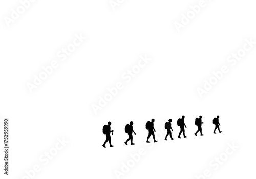 Silhouetted group of hikers with backpacks walking in a line against a white background.