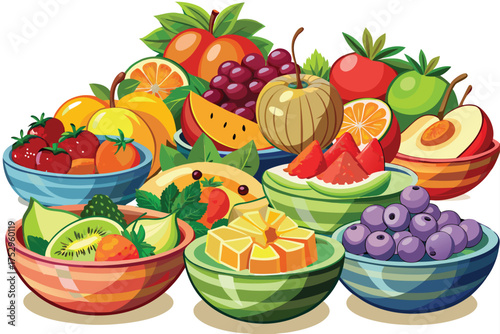 Assorted cartoon fruits are displayed inside the bowls, creating a vibrant and inviting fruity composition