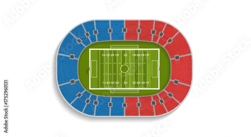 Top-down view of a sports stadium with a vibrant green field and spectator seating