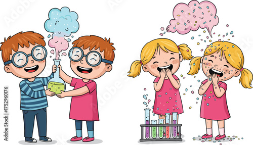 Children doing science experiments, teamwork, discovery, curiosity, educational activity, fun chemistry, colorful reactions, preschool learning, imagination, happy kids, laboratory playtime