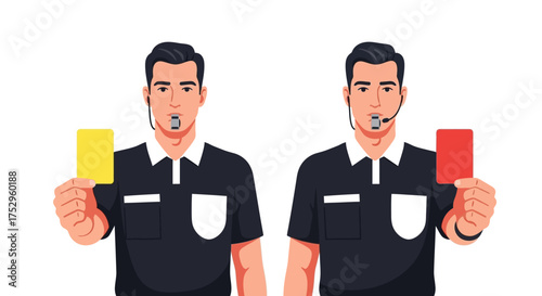 Football Referee Showing Yellow and Red Cards, Isolated Illustration on White Background