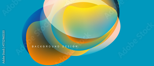 Abstract fluid shapes overlap, creating vibrant color gradients. Blue background complements warm yellow, orange hues. Modern design element.