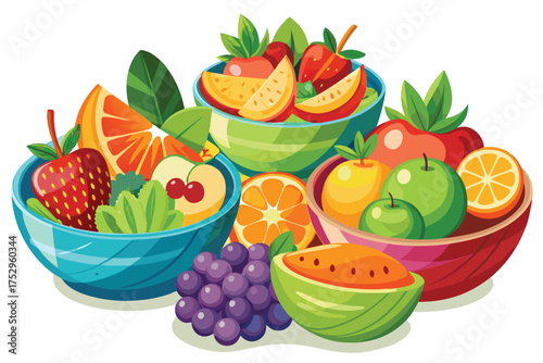 Vibrant fruit bowls filled with colorful strawberries, oranges, apples, and grapes create a healthy scene